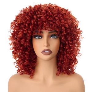 14 inch Afro Curly Wigs for Women, Short Loose Kinky Curly Wigs with Bangs for Black Women, Synthetic Afro Curls Hair 70s (Auburn)