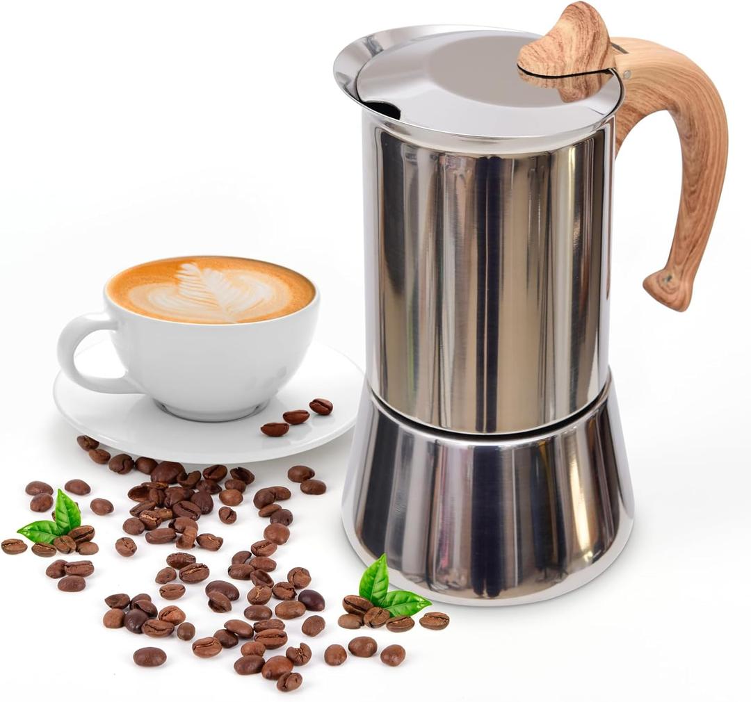 Induction Moka Pot, Stainless Steel, Stovetop Espresso Coffee Maker, 6 Cup/300ml/10.1oz, Easy to Use and Clean, Camping Home Use | for Mocha Cappuccinos, Lattes (Silver)
