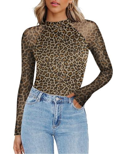 Zeagoo Leopard Print Tops for Women Mesh Long Sleeve Mock Neck Shirt See Through Going Out Blouses Large