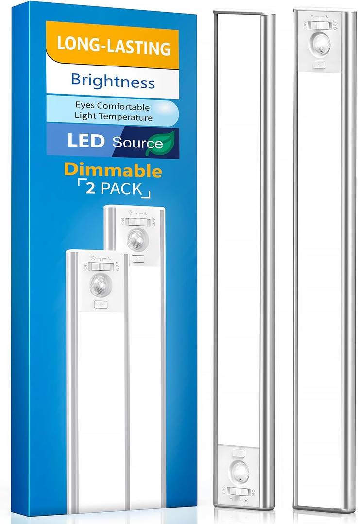 Under Cabinet Lighting, LED Motion Sensor Light Indoor, 2200mAh USB Rechargeable Closet Lights Battery Operated, Stick On Magnetic Wireless Dimmable Under Counter Lights for Kitchen(2 Pack)