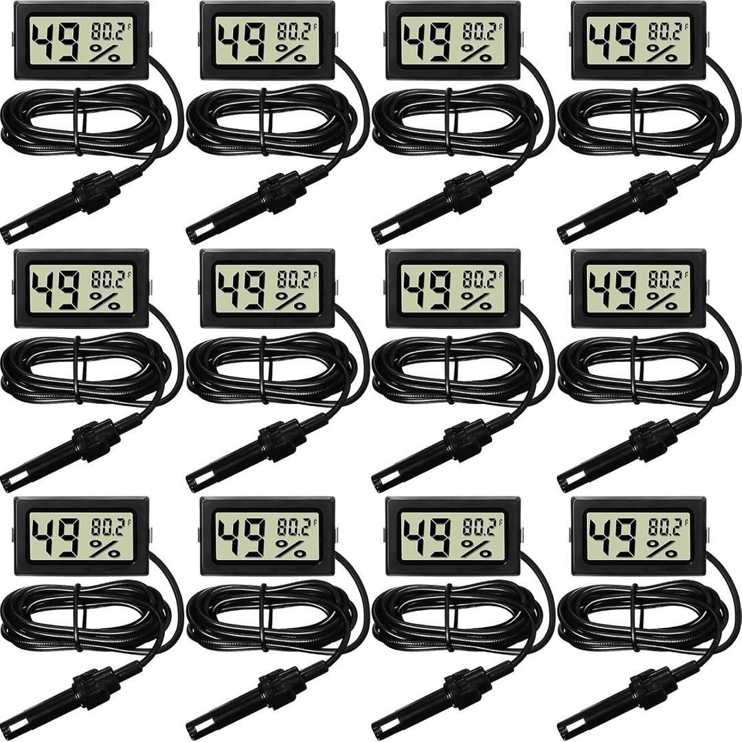 Weewooday Mini Digital Temperature Humidity Meters Gauge with Probe Gauge LCD Fahrenheit Display Thermometer Hygrometer for Incubator Reptile Plant Greenhouse Chicken Coop Garden(Black, 12 Pieces)