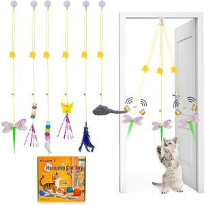 Cat Toys Indoor Hanging Door Retractable Bird Cat Toy for Kitten Fun Exercise Interactive String Feather Cat Toys for Hunting Chase (6 Pack)
