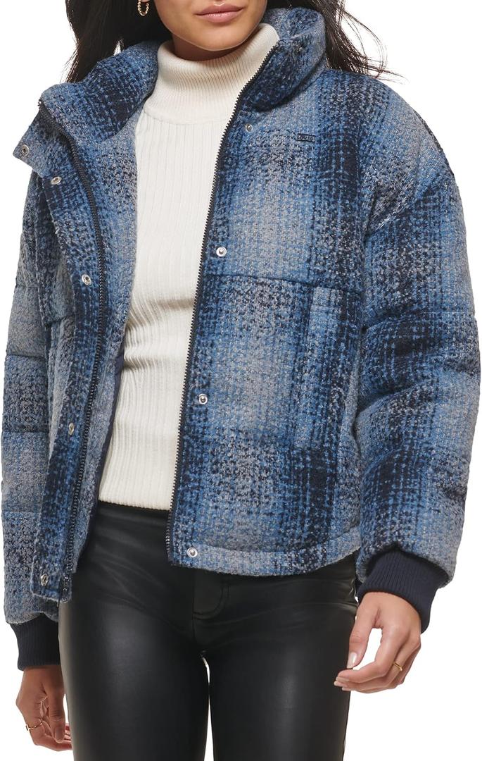 Levi's Women's Cinch Waist Puffer Jacket (Medium, Blue Ombre Wool Plaid)