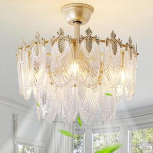 20" Gold Fandelier Ceiling Fan with Light, Gold Crystal Chandelier Ceiling Fans with Lights and Remote Control, Mid Century Enclosed Caged with 6 Speeds for Bedroom, Nursery, Living Room