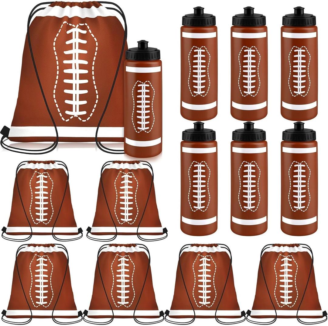 Denylo pro 12 Pcs Football Water Bottle with Football Drawstring Bag Set Plastic Brown Water Bottles for Rugby Player Sport Gym Party Favor