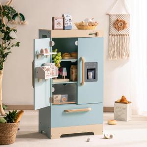 ROBOTIME Toy Kitchen Wooden Fridge, Play Refrigerator for Kids & Toddlers, Wooden Fridge Freezer Set with Ice Maker and Foods, Pretend Play Kitchen Playset for Ages 3+