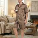 Ekouaer Men Satin Silk Pajamas Set with Pockets Sleepwear Shorts Satin Summer Loungewear 2 Piece Button Down Set S-3XL (Brown, L)