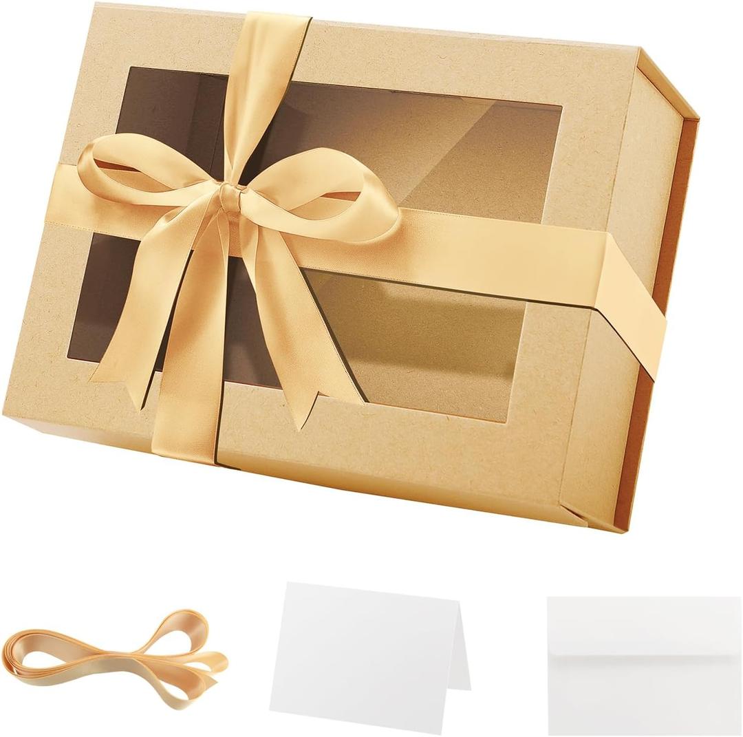 Kraft Gift Box With Window, 9x6.5x3.8 Inches, Clear for Present With Ribbon, Card, Groomsman Proposal, Magnetic Lid (1 Count (Pack of 1))