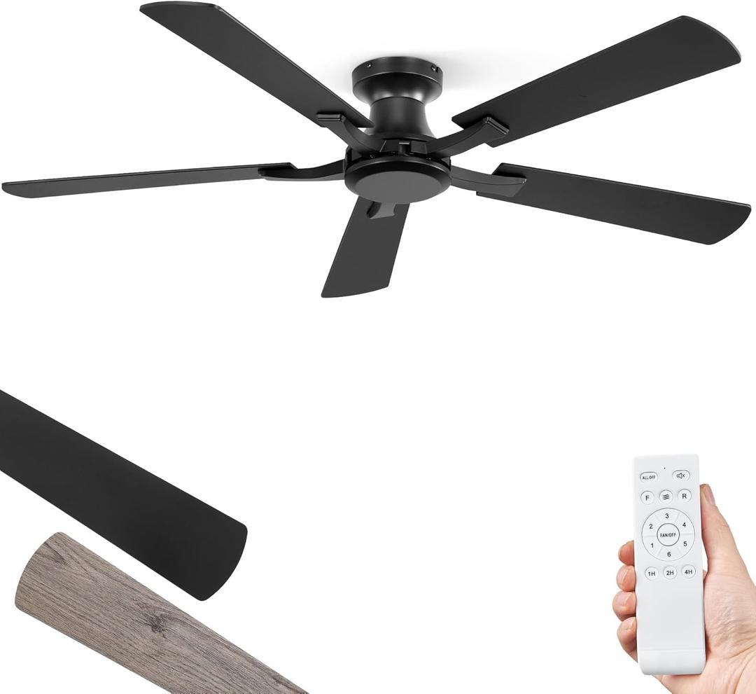 ZMISHIBO 52 Inch Ceiling Fan No Light, Flush Mount Low Profile, Modern Black Ceiling Fan Without Light, Remote Control & Quiet DC Motor, for Indoor&Outdoor, Bedroom, Living Room
