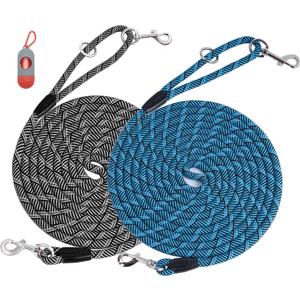 2 Pack Long Dog Leash for Training - 15FT/30FT/50FT, Reflective Rope Check Cord for Large, Medium & Small Dogs - Tie-Out Cable Lead for Hunting, Camping or Backyard (2Pack Black&Blue)