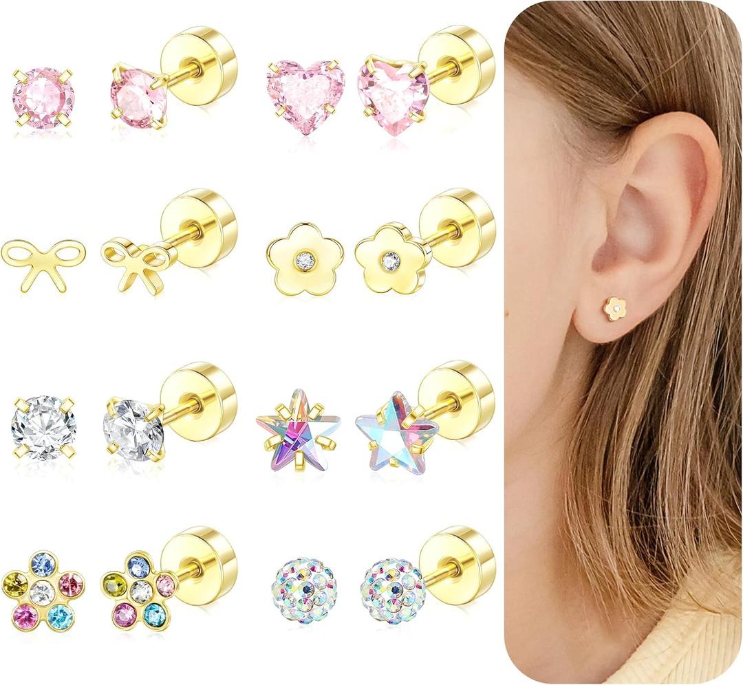 Hypoallergenic Earrings for Girls Women, 14k Gold Toddler Screw Back Earrings for Kids Baby Lightweight Surgical Stainless Steel Flower Bow Pink Heart Star CZ Flat Back Stud Earring for Sensitive Ears