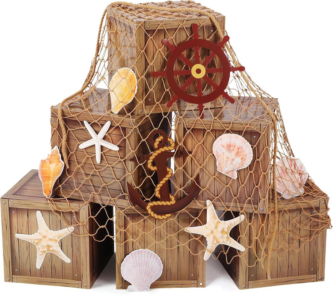 18 Pcs Pirate Party Decorations Imitation Wooden Box Fishing Net Car Trunk or Treat Gasparilla Style Decor Ocean or Pirate Party Favors Adventure Birthday Photo Booth Props