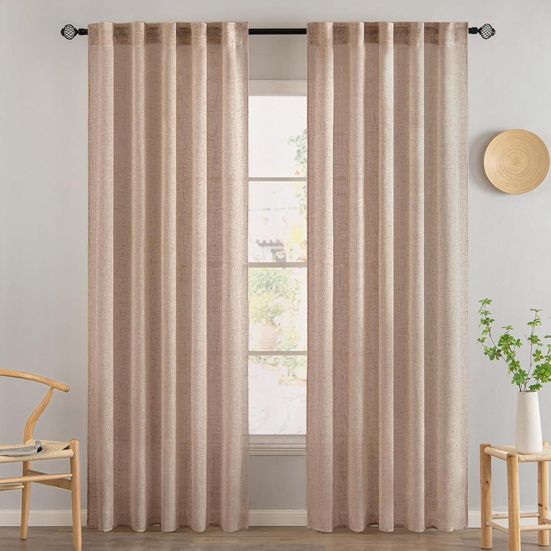 MIULEE Natural Beige Linen Curtains 84 Inch Length 2 Panels for Bedroom Living Room, Soft Linen Textured Window Drapes Semi Sheer Light Filtering Back Tab Rod Pocket Farmhouse Burlap Look Decor