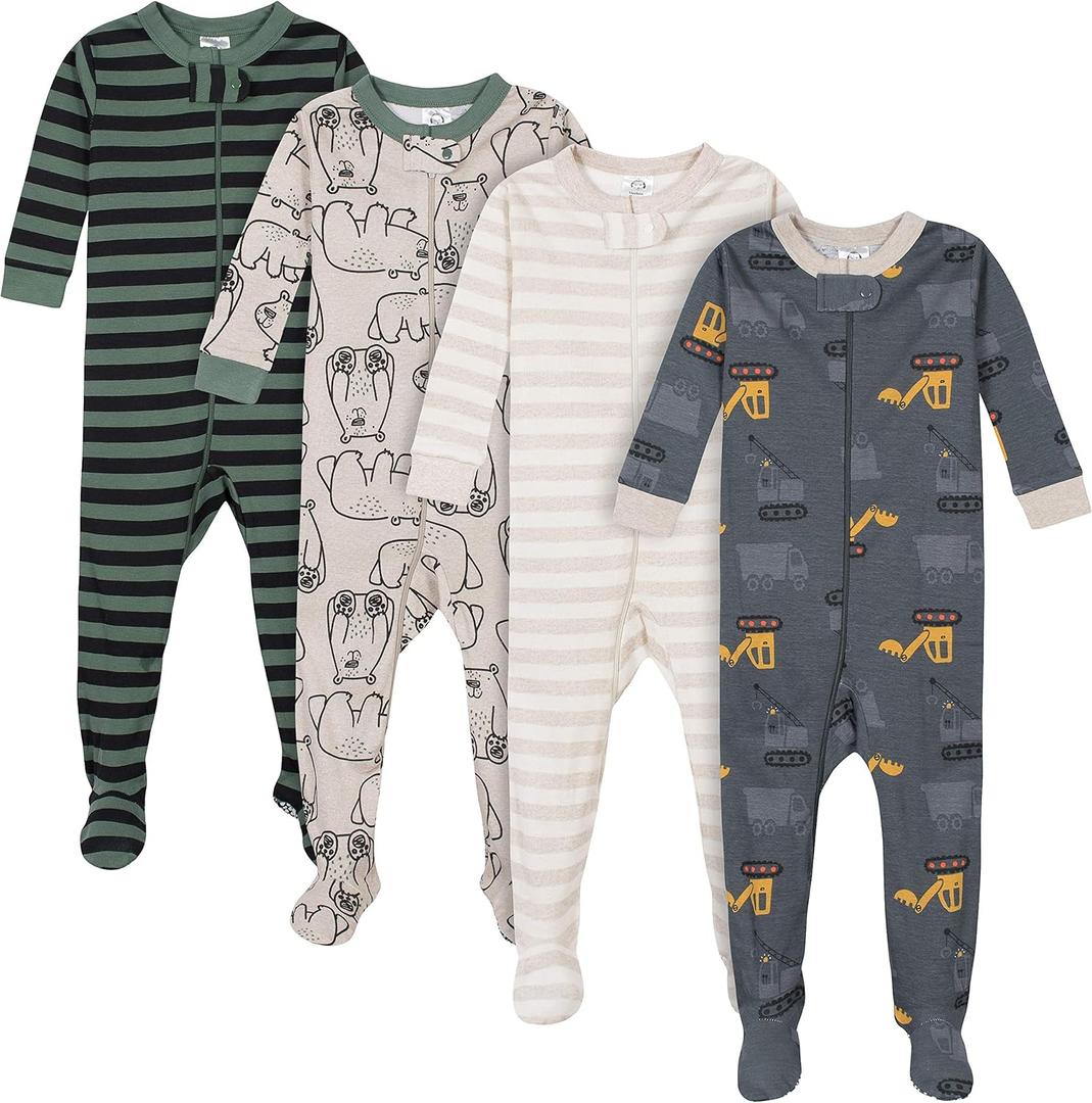 Gerber Boys' 4-Pack Snug Fit Footed Cotton Pajamas (18 Months, Bears & Trucks Grey)