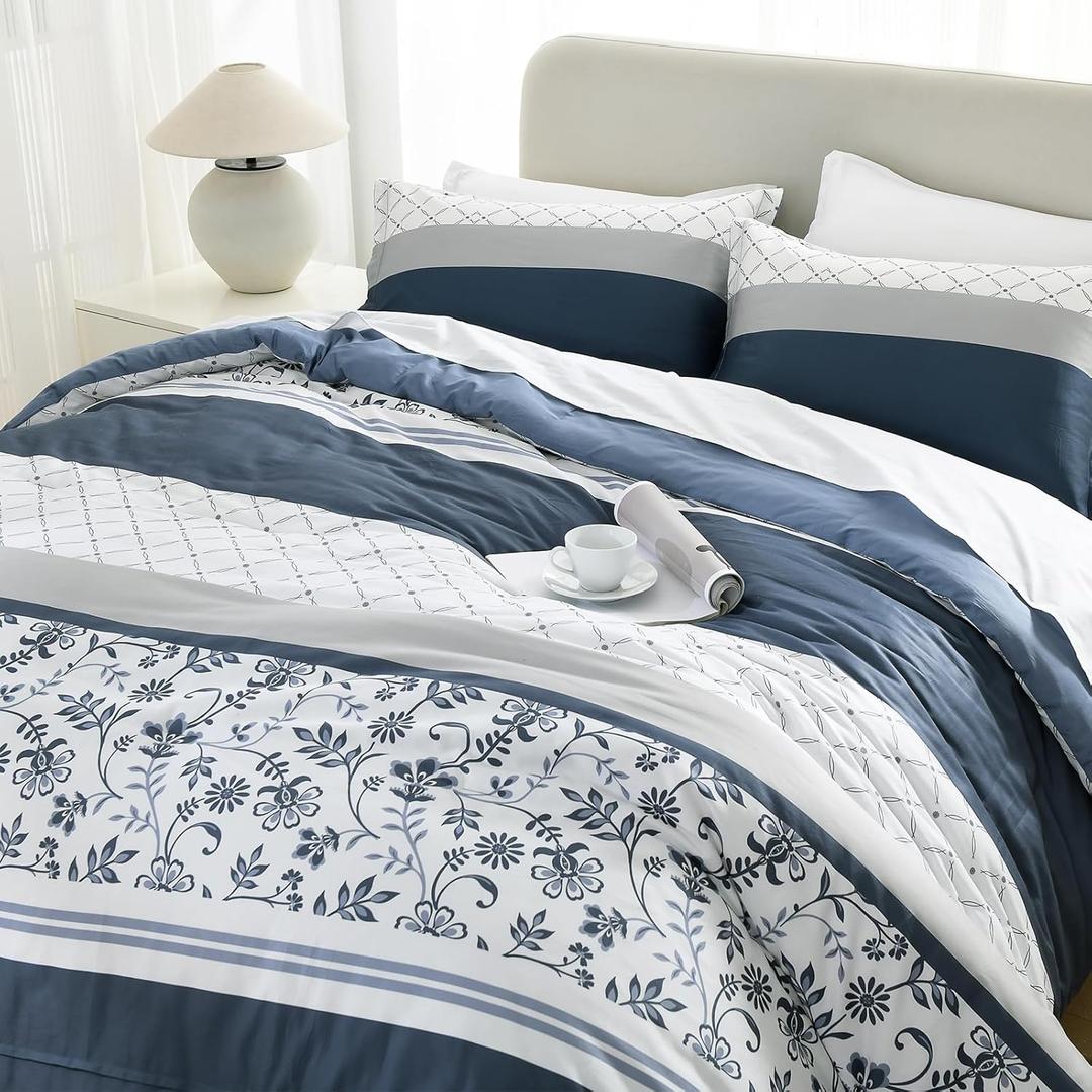 Bedduvit Navy King Size Comforter Set - 100% Cotton Floral Bedding Sets, All Season Reversible Botanical Luxurious Comforters, 3pcs Vintage Pleated Striped Quilt, Geometric Pattern, Blue/White/Gray (King (90"*104"), Navy Blue/Gray)