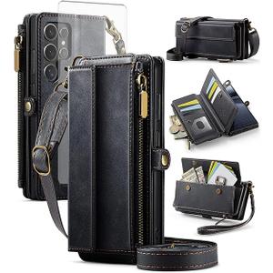 Phone Case for Samsung Galaxy S23 Plus S23+ 5G Zipper Wallet Detachable Magnetic Cover with Tempered Glass Screen Protector Crossbody Lanyard Card Holder S23plus 23S + S 23 23+ SM-S916U 6.6 inch Black