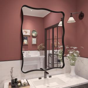 24X32 Black Matte Bathroom Mirror with Wavy Frame, Rectangle Black Vanity Mirror for Wall, Decorative Wall Mirror, Anti-Rust(Horizontally/Vertically) (24"L x 32"W)