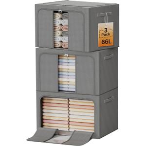 Clothes Storage Bins with Metal Frame, Foldable Clothes Organizers Storage Containers for Clothes, Sheets, Blankets, Pillows and Towels 66L, 3 Pack, Deep Grey