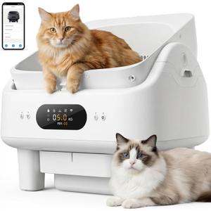 Self Cleaning Cat Litter Box, Smart Automatic Litter Box Anti-Pinch, 10 Safety Sensors, 6“ LED, Large Litter Boxs for Multiple Cats, 5G & 2.4G WiFi, 10-Roll Trash Bag, Cat Stair, Litter Map, White