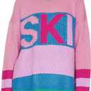 Saodimallsu Womens Color Block Oversized Sweater Ski Print Fall Trendy Crew Neck Long Sleeve Pullover Sweaters Knit Tops, Pink, Large