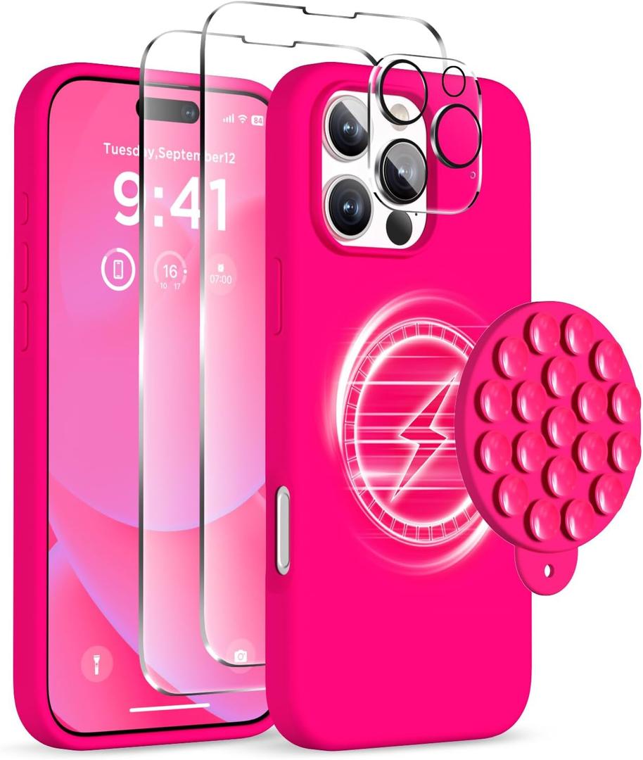 Magnetic for iPhone 16 Pro Case, Compatible with Magsafe, Suction Cup Phone Mount, 2 Screen Protectors - Camera Protector, Silicone Shockproof Protective Phone Cover 6.3", Neon Pink