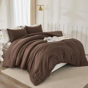 Litanika Brown Comforter Set King Size, 3 Pieces Lightweight Solid Bedding Comforter Set, All Season Fluffy Bed Set (104x90In Comforter & 2 Pillowcases) (King (104"x90"), 20 - Brown)
