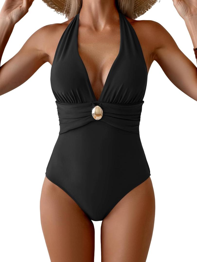 Aidonger Women's One Piece Swimsuit Sexy Halter V Neck Bathing Suit Tummy Control Ruched Metal Swim Suit, XL