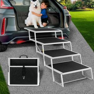 Joyrally Extra Wide Dog Stair for Large Dogs,Foldable Dog Ramp for Car, Pet Steps Light Weight Aluminum,High Beds,for SUV Trucks, Supports up to 200 lbs (with Iron Bars)