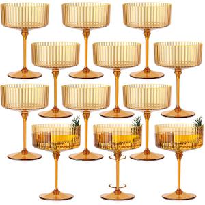 12 PCS Ribbed Coupe Glasses Amber Plastic Champagne Coupe Cup 10oz Detachable Gold Rim Espresso Martini Glass Vintage Margarita Glassware Cocktail Glass Disposable for Thanksgiving Wedding