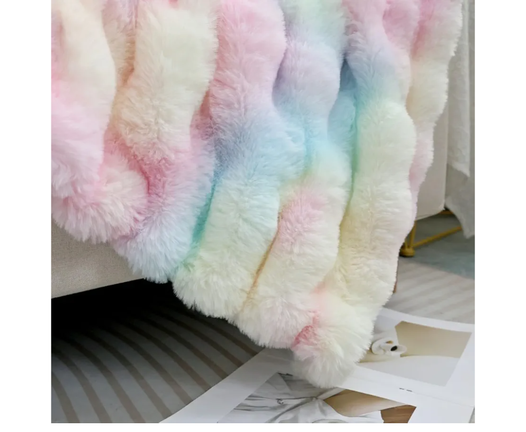 Luxury Faux Fur Throw Blanket, Plush Textured Design Bubble Blanket, Soft Cosy Cover for Sofa and Bed,Gift for Women Girls Kids and Children (Rainbow, Twin (63" x 79"))