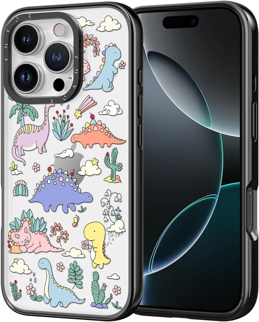 for iPhone Case - [6.6 ft Military-Grade Drop Protection] [Anti-Peel Technology] Clear Black TPU Bumper Case with Cute Design (Cartoon Dinosaur, iPhone 16 Pro)
