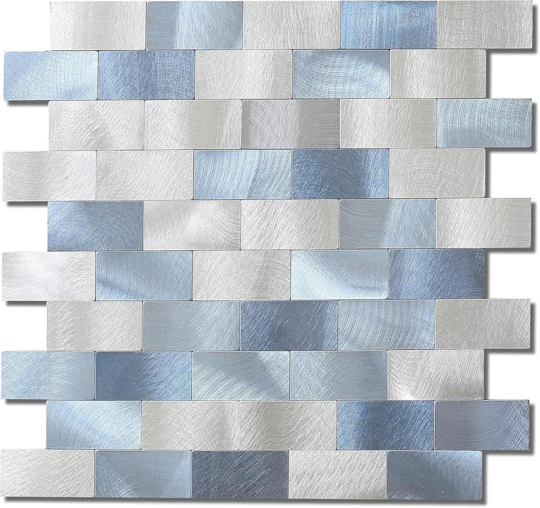 BeNice Peel and Stick Backsplash Metal Tiles Sticker Brick Panel for Kitchen Wall Self Adhesive Subway Metallic Mosaic(Blue Blend,10 Sheets)