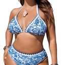 OYOANGLE Women's Plus Size Floral Print Bikini 2 Piece Swimsuit Triangle Halter Bathing Suit High Waisted Swimwear Blue and White 3XL