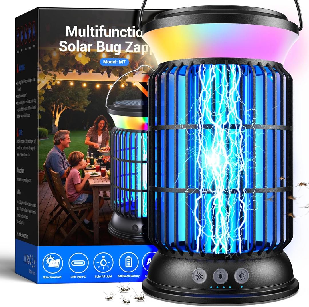 Solar Bug Zapper Outdoor, Mosquito Zapper with Rechargeable Bug Zapper Design, Solar & USB Charging, 6000mah Battery, Auto on Off Sensor, Waterproof for Patio Backyard Garden Camping