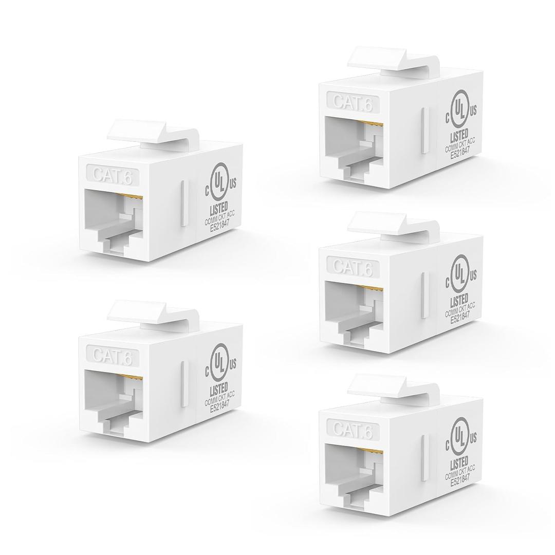VCE UL Listed CAT6 Keystone Coupler 5-Pack, Female to Female Ethernet Cable Extender, White