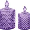 R FLORY 2 Pack Qtip Holder Glass Apothecary Jars with Lids Bathroom Storage Organizer for Cotton Swabs, Balls, Pads, Floss Picks, Vanity Storage Containers for Makeup, Candy, Jewelry (10+24oz, Purple and White)