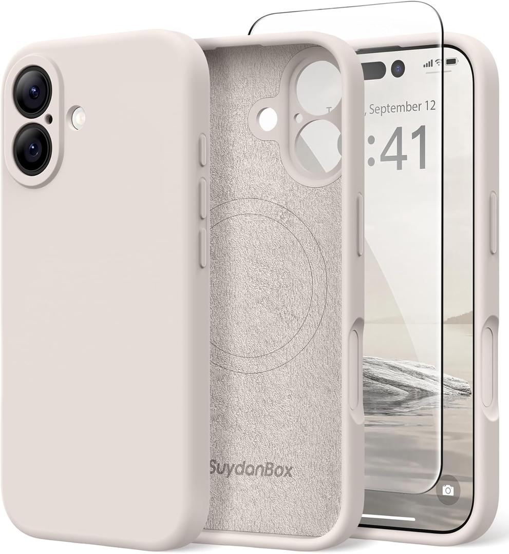 Magnetic for iPhone 16 Case, Compatible with MagSafe, [Screen Protector + Full Camera Protection], Silicone Shockproof Anti-Scratch Protective Phone Case for iPhone 16 6.1", Stone