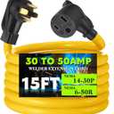 15FT 4 Prong to 3 Prong Dryer Adapter Compatible with NEMA 14-30P Male to 6-50R Female, 50 Amp to 30 Amp Welder Adapter Cord for Welding Machine EV Charger, STW 10 AWG/3C, ETL Listed (Yellow)