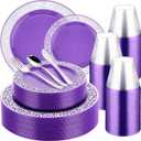 Norme 450 Pcs Purple Silver Plastic Party Plates Sets Include 75 Dinner Pate 10.2 In, 75 Dessert Plate 7.5 In, 75 Cutlery, 75 Cup Lace Design Disposable Dinnerware for 75 Guests Wedding Party Supplies