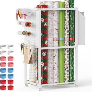 Wrapping Paper Organizer with Wheels, Metal Gift Wrap Storage Cart, Vertical Craft Organizer with 16 Slap Bands for Wrapping Paper Rolls, Wrapping Supplies Storage (Large)