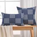 JELLYMONI Pack of 2 Decorative Plaid Linen Throw Pillow Covers Farmhouse Christmas Pillowcovers Rustic Woven Textured Boho Pillowcase for Sofa Couch Bed (Blue, 18x18in)