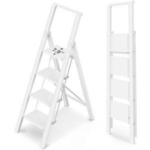 WOA WOA 4 Step Ladder for 10 Feet High Ceiling, Lightweight Foldable Ladder with Non-Slip Wide Pedals, Step Stool with Safe Handrail, Space Saving for Home, Kitchen, Indoor & Outdoor 300lbs - White