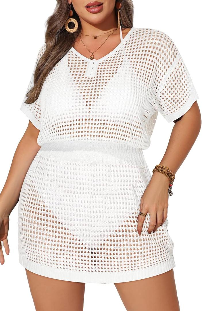 Aqua Eve Plus Size Swimsuit Cover Up - Crochet Bathing Suit Coverups 2025 Short Sleeve Beach Dress Swimwear (White) 16W Aqua Eve Plus Size Swimsuit Cover Up - Crochet Bathing Suit Coverups 2025 Short Sleeve Beach Dress Swimwear (White) 16W