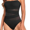 Tempt Me Women Black Strapless Bandeau One Piece Swimsuits Sexy Mesh Cutout Bathing Suits Tummy Control Swimwear  XL Black