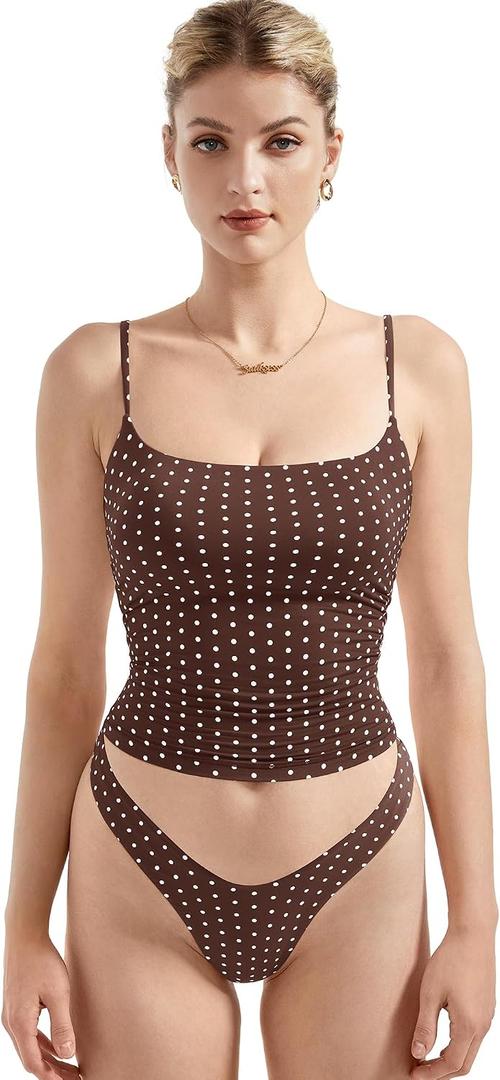 SUUKSESS Women Double Line Square Neck Tank Top Summer Going Out Tops Sleeveless Basic Cami Shirts (Brown Polka Dots, S)