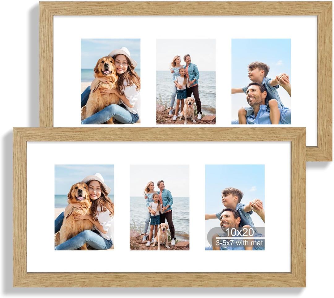 Hongkee 10x20 Picture Frame Set of 2, Natural Oak Wood Frame with Real Glass Collage Frame, Display Pictures Three 5x7 With Mat or 10 x 20 Without Mat - Horizontal or Vertical Wall Mounting