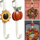 2 Pack Fall Wreath Door Hanger with Pumpkin & Sunflower, Fall Decoration Metal Over The Door Single Fall Wreath Hanger Ornament Halloween Wreath Hangers for Front Door, Door Wreath