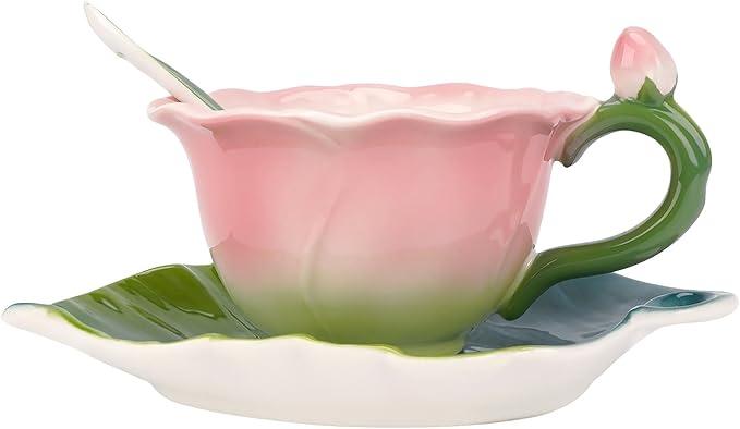Pink Rose Floral Teacup and Saucer Set for Women, 5.6 Oz Enamel Porcelain Rose Flower Shaped Tea Cup with Spoon