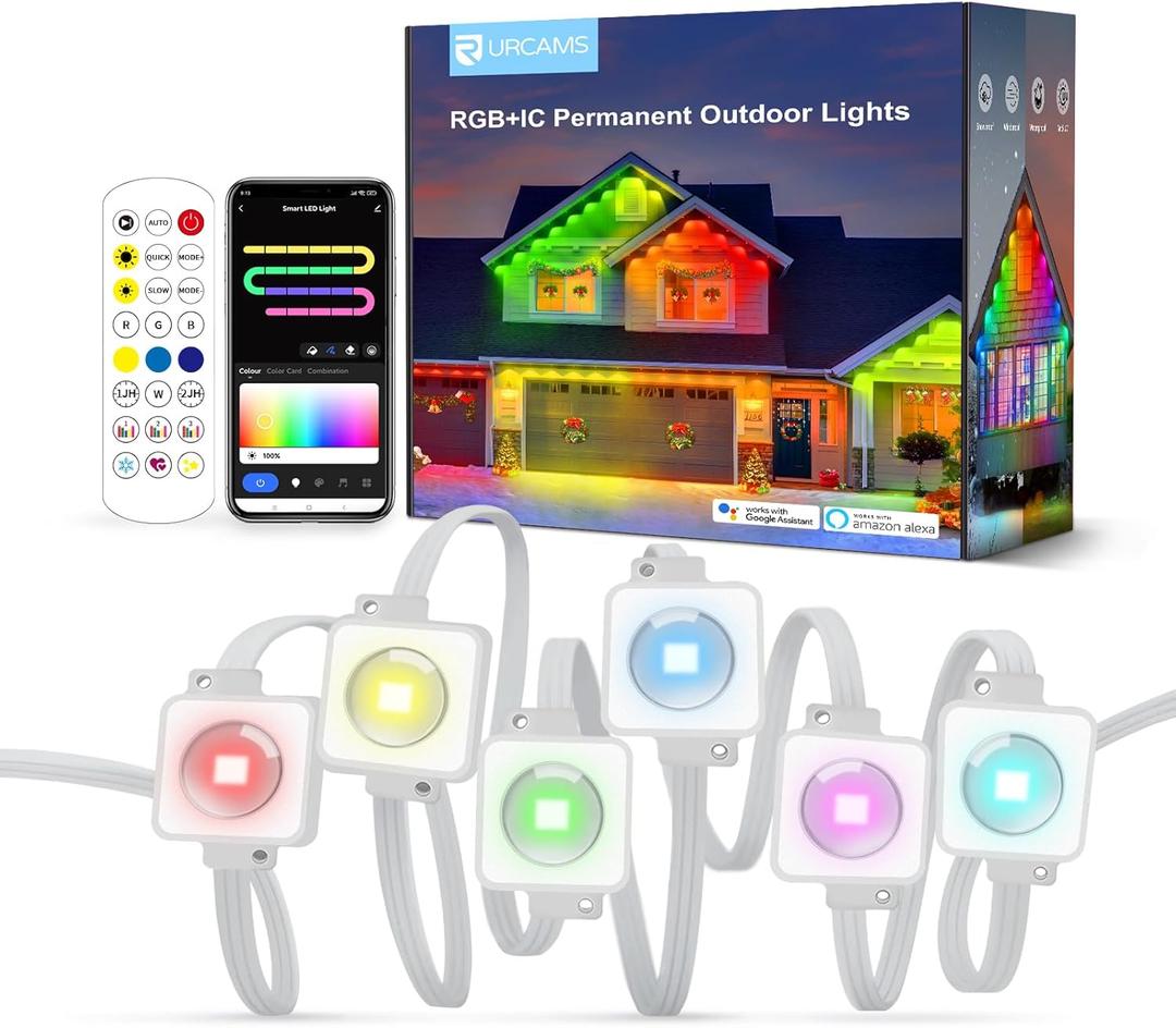 Permanent Outdoor Lights,120ft 80LEDs Permanent Outdoor Lighting,RGB+IC Smart Eaves Lights IP67 Waterproof for Halloween,Christmas,Holiday,Party,Compatible with Alexa,Google