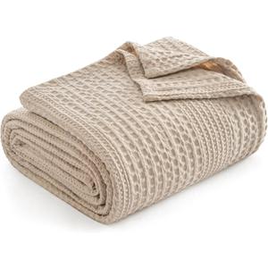PHF Lightweight Waffle Weave Blanket King Size, Breathable & Ultra Soft, 104"x 90" Soft & Cozy Thin Blanket for Spring & Summer & Hot Sleepers, Bed, Home Decor - Light Tan